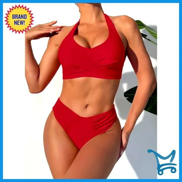 High Waisted Halter Bikini Set Twist Front Two Piece Swimsuit Summer Beach